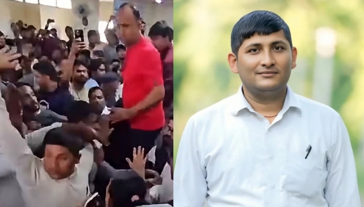 रास्वपा बाराको बिस्तारित बैठकमा सरकारी कर्मचारी निर्मल कुमार यादव झगडा गर्दै 