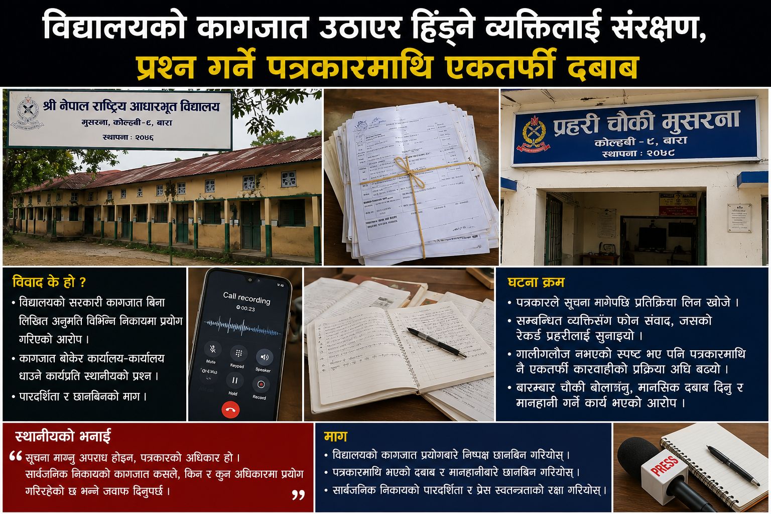 विद्यालयको कागजात उठाएर हिँड्ने व्यक्तिलाई संरक्षण, प्रश्न गर्ने पत्रकारमाथि एकतर्फी दबाब